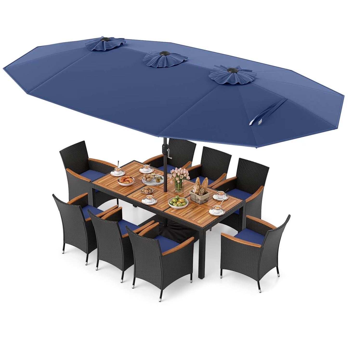 Costway 11 PCS Patio Wicker Dining Set with Double-Sided Outdoor Umbrella 8 Chairs Orange