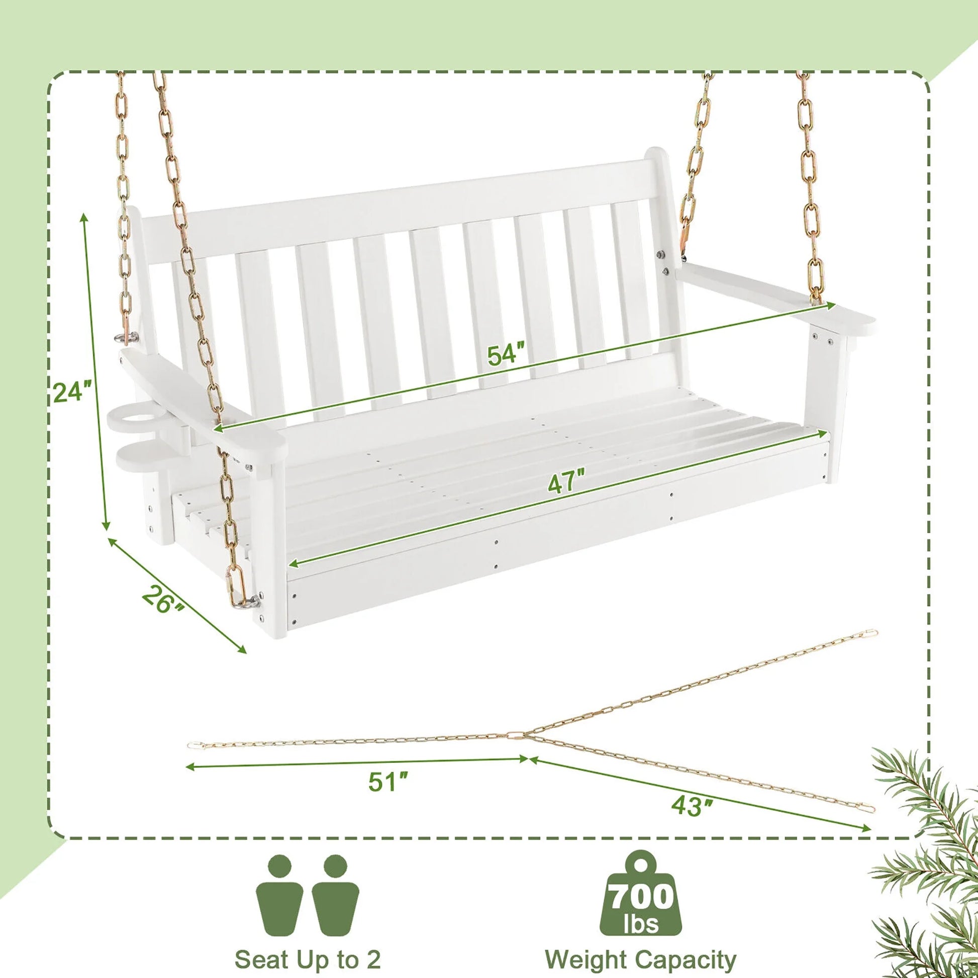 Gymax 54'' HDPE Porch Swing Outdoor Patio Hanging Chair w/Cup Holder Adjustable Chain
