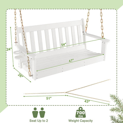Gymax 54'' HDPE Porch Swing Outdoor Patio Hanging Chair w/Cup Holder Adjustable Chain