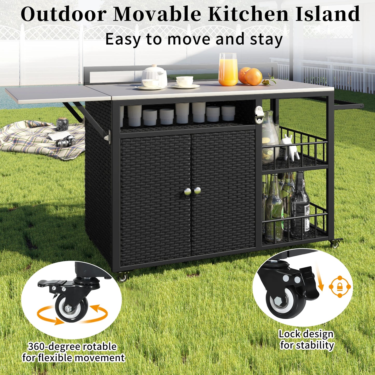 Euroco Outdoor Rolling Bar Cart with Foldable Stainless Steel Tabletop, Storage Cabinet, Bottle Opener & Lockable Wheels, PE Rattan Patio Kitchen Serving Station for BBQ & Entertaining