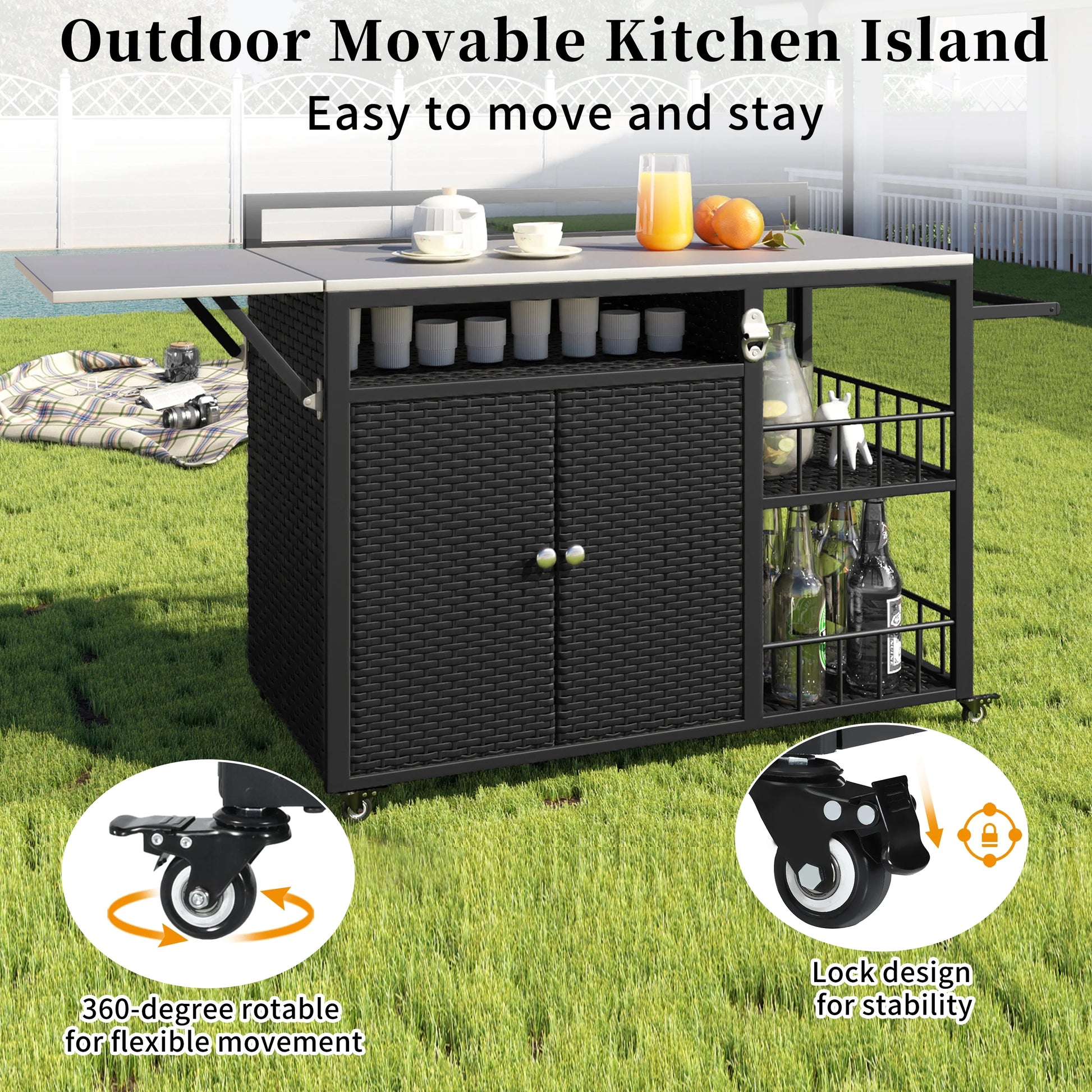 Euroco Outdoor Rolling Bar Cart with Foldable Stainless Steel Tabletop, Storage Cabinet, Bottle Opener & Lockable Wheels, PE Rattan Patio Kitchen Serving Station for BBQ & Entertaining