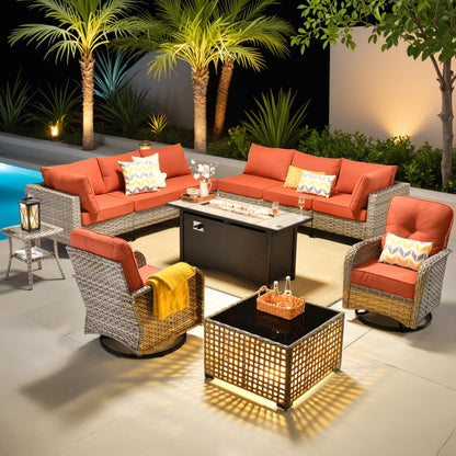 Ovios 11 Pieces Patio Outdoor Furniture Conversation Set with 54" Fire Pit Wicker Outdoor Sectional with Swivel Chair & Solar-Powered Table