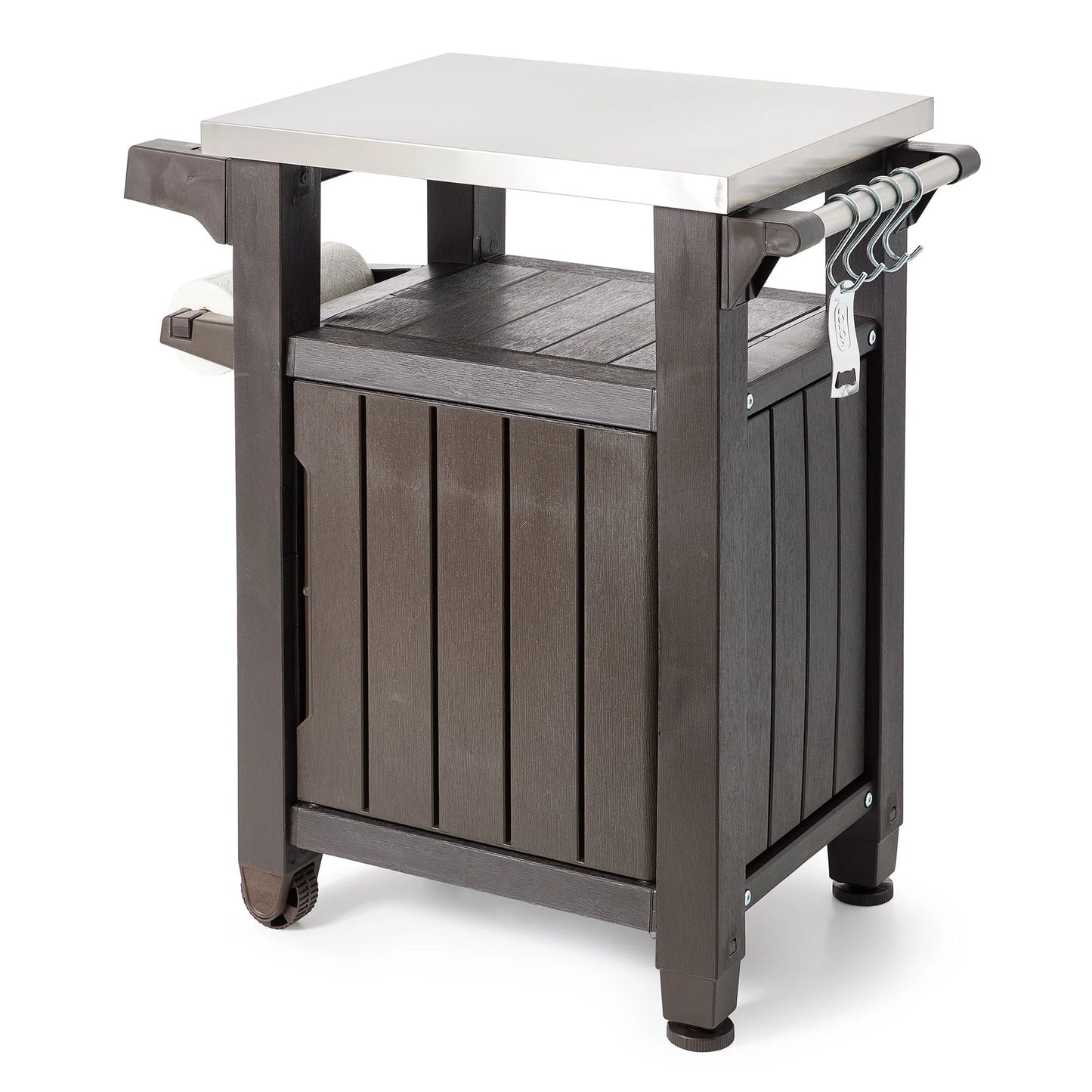 Keter Unity 40 Gal Patio Storage Grilling Bar Cart w/Stainless Top, Brown