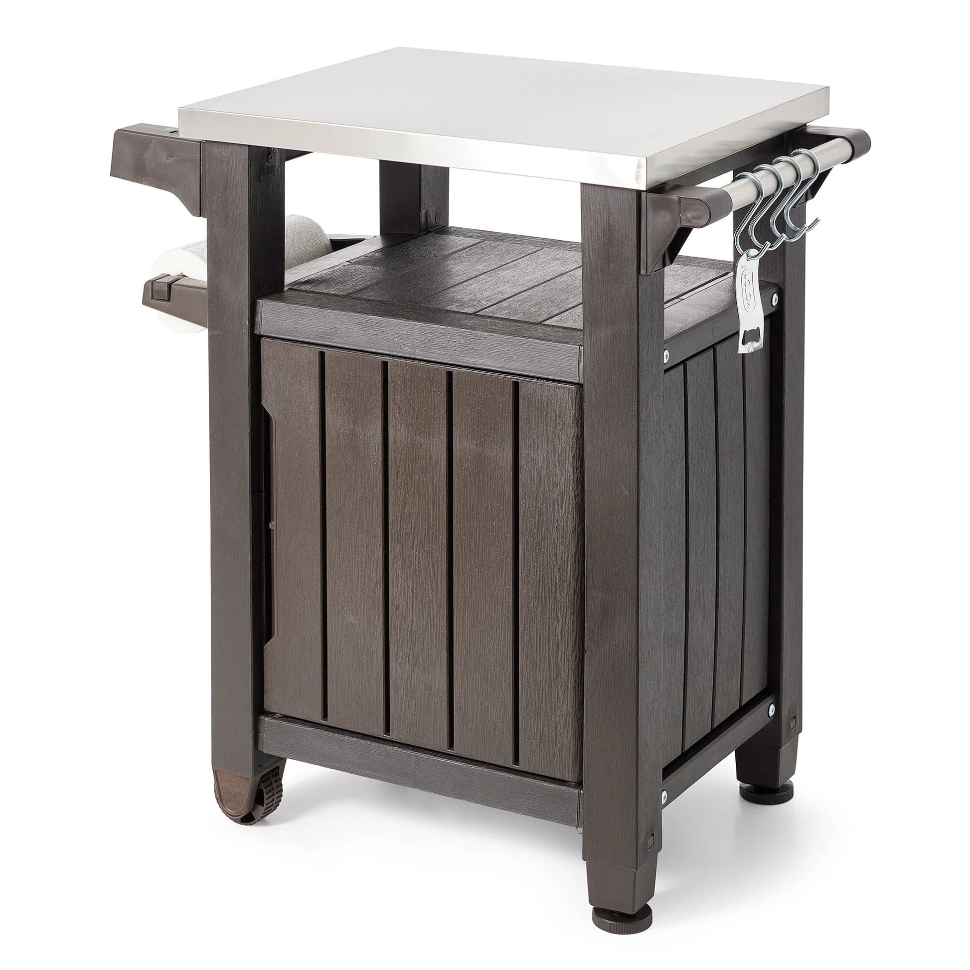 Keter Unity 40 Gal Patio Storage Grilling Bar Cart w/Stainless Top, Brown