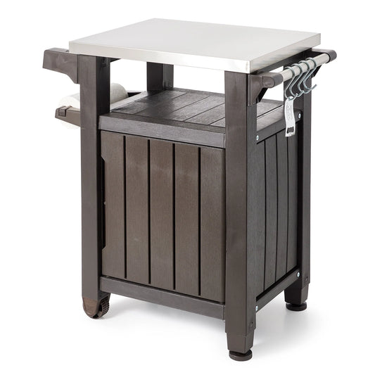 Keter Unity 40 Gal Patio Storage Grilling Bar Cart w/Stainless Top, Brown