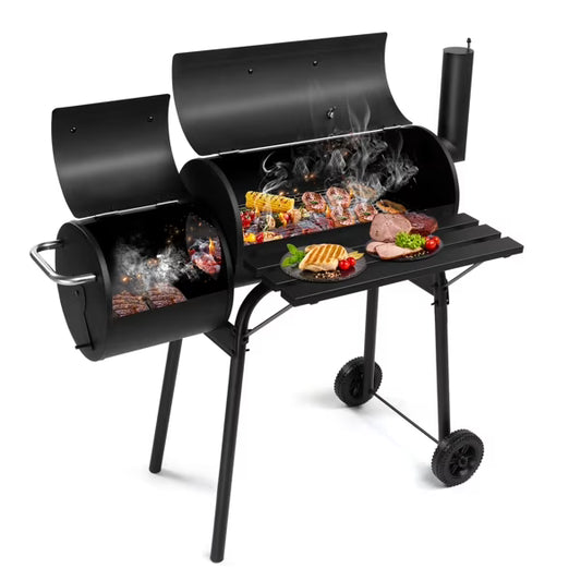 Barrel Charcoal Grill with Offset Smoker, Heavy-Duty Metal, Large Cooking Area, Mobile with Wheels for Backyard/Patio Gatherings