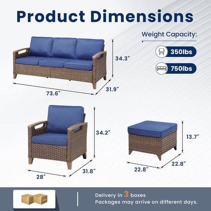 Buenhomino 5 Pieces Patio Furniture Set, Outdoor Wicker Sofa Couch with 2 Rattan Chair, 2 Ottomans and Comfy Cushions, All Weather High Back Conversation Set for Backyard Porch Garden