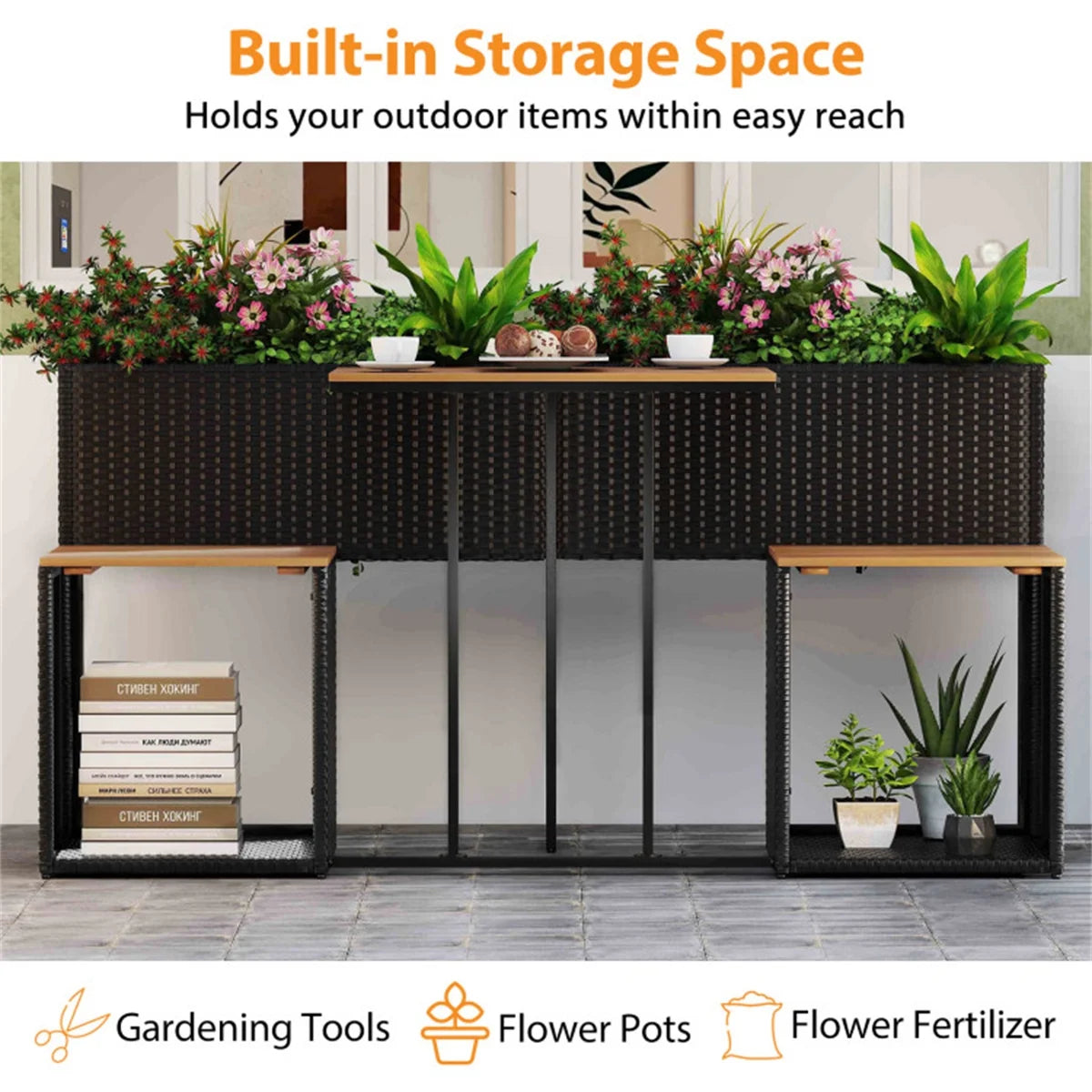 SUREGO Patio Furniture Set with Raised Garden Bed, PE Rattan Garden Planter Table with Built-in Chairs and Storage Space, Acacia Wood Outdoor Conversation Set with Sturdy Metal Frame