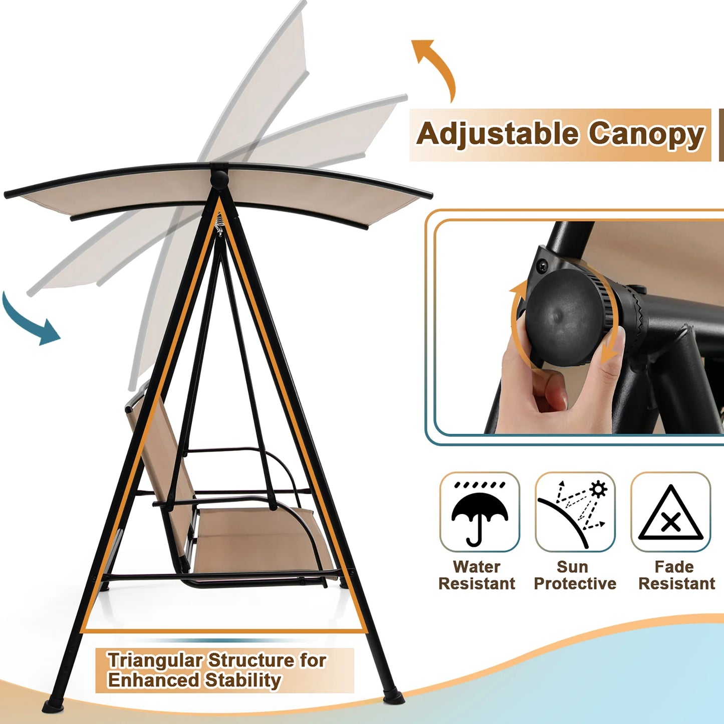 Costway 2-Seat Patio Swing Porch Swing with Adjustable Canopy for Garden Dark Beige