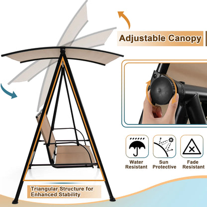 Costway 2-Seat Patio Swing Porch Swing with Adjustable Canopy for Garden Dark Beige