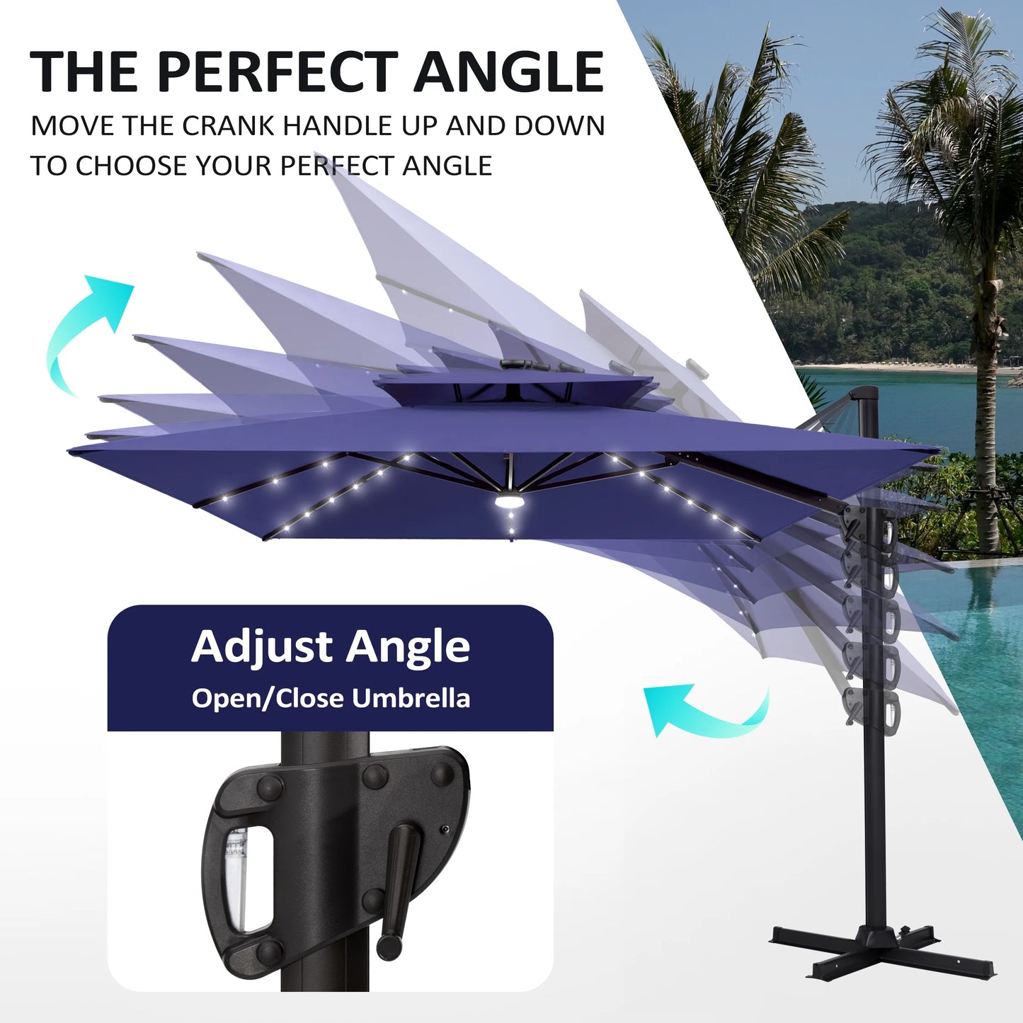 11FT Double Top Cantilever Umbrella Outdoor 360° Rotation 6 Heights Adjustable Offset Umbrella Metal Pole Cantilever Patio Umbrella With Light