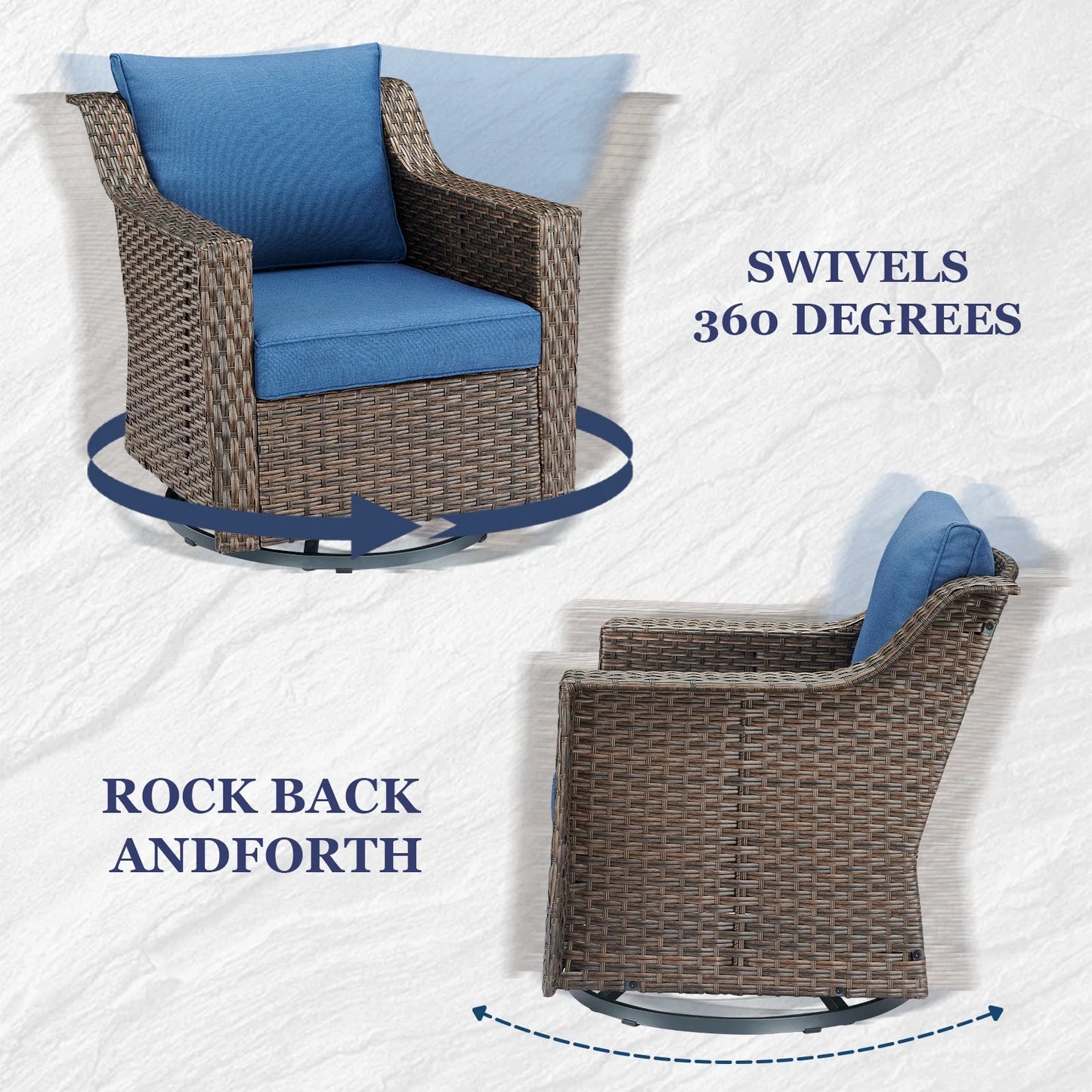 Gymojoy 6-Piece Patio Furniture Set, Oversized Outdoor Wicker Sofa with Swivel Chairs and Coffee Table, Sectional Rattan Outdoor Conversation Set for Poolside Backyard Deck, Blue