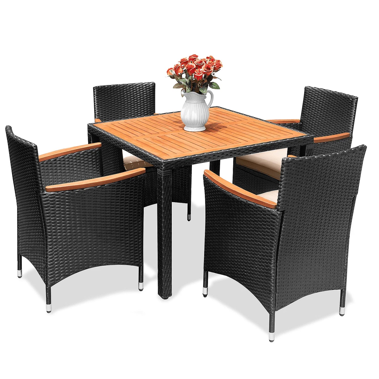Lacoo 5pcs Outdoor Patio Dining Set,Curved Wood Armrest Chairs with Cushions