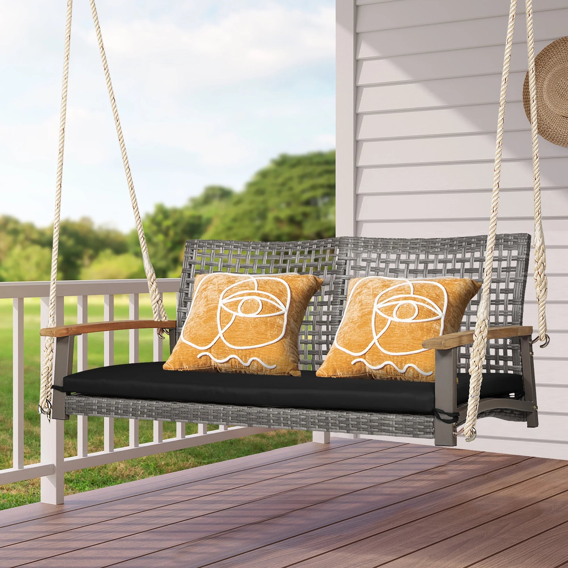 Costway 2-Person Patio Wicker Hanging Swing Chair Loveseat Cushion Porch Black