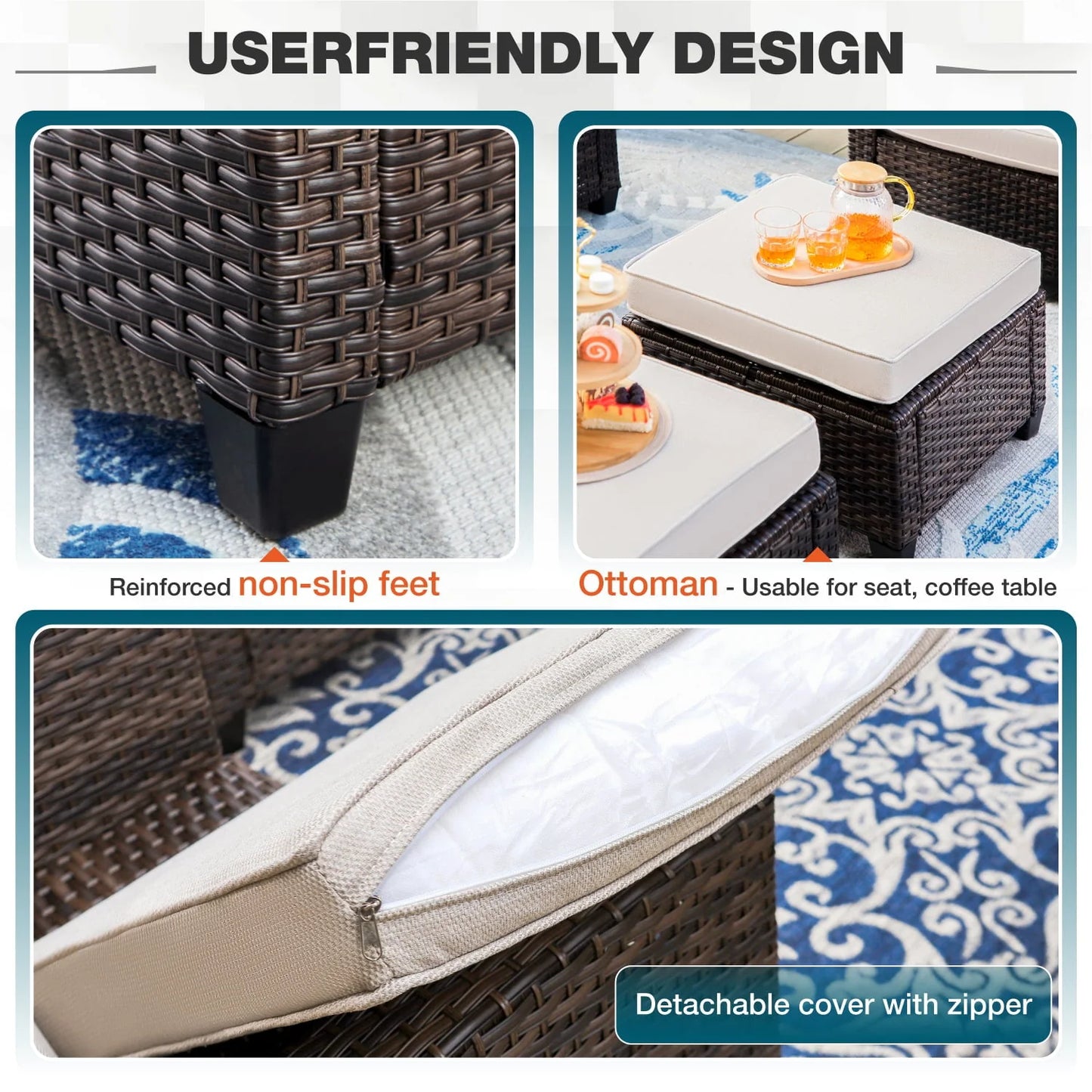 MF Studio 9-Seat Outdoor Patio Conversation Set Wicker Furniture Sofa Set Beige