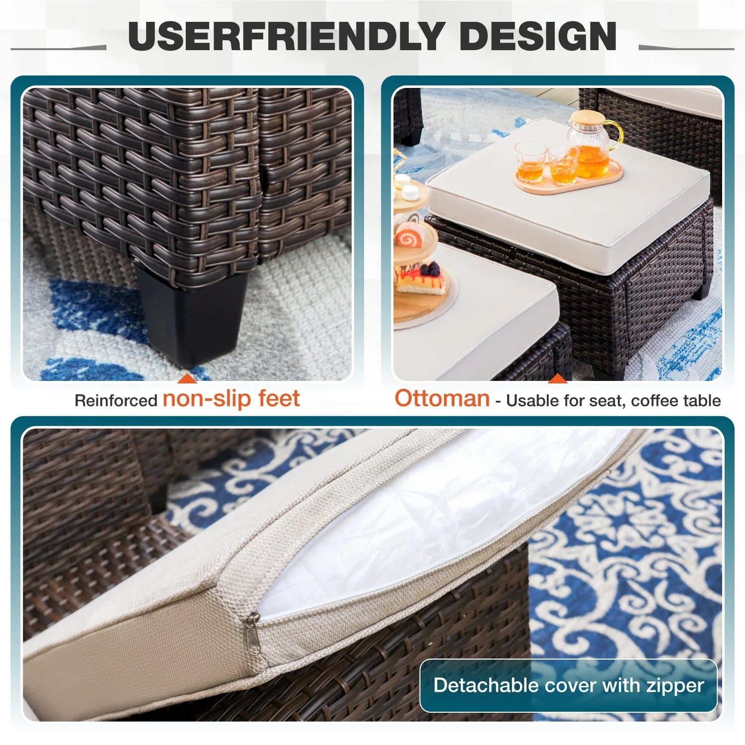 MF Studio 9-Seat Outdoor Patio Conversation Set Wicker Furniture Sofa Set Beige