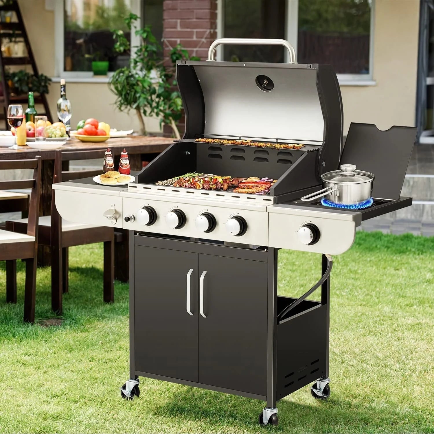 Erommy 3+1/4+1 Burner BBQ Propane Gas Grill, 24,000/36,000 BTU Stainless Steel Patio Barbecue Grill with Stove and Side Table 3+1 burner