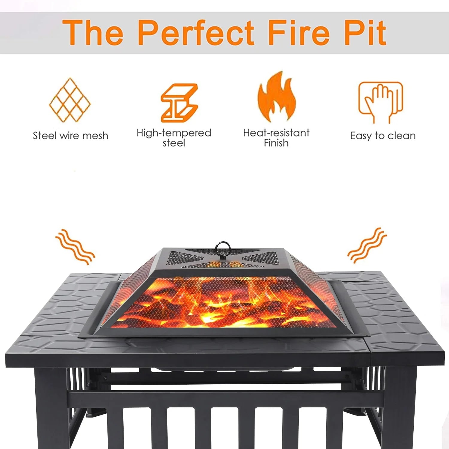 32" Square Fire Pit for Outside, Outdoor Wood Burning Metal Fire Pit with Spark Screen & Poker, Multifunctional Heater/Grill/Ice Pit for Backyard Patio Garden BBQ Grill, Black, S7039