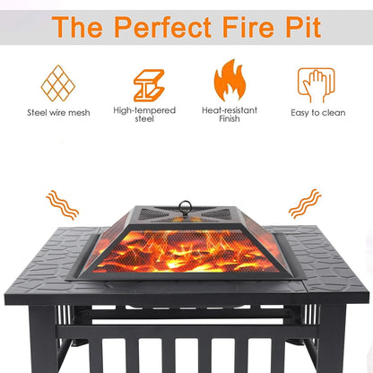 32" Square Fire Pit for Outside, Outdoor Wood Burning Metal Fire Pit with Spark Screen & Poker, Multifunctional Heater/Grill/Ice Pit for Backyard Patio Garden BBQ Grill, Black, S7039
