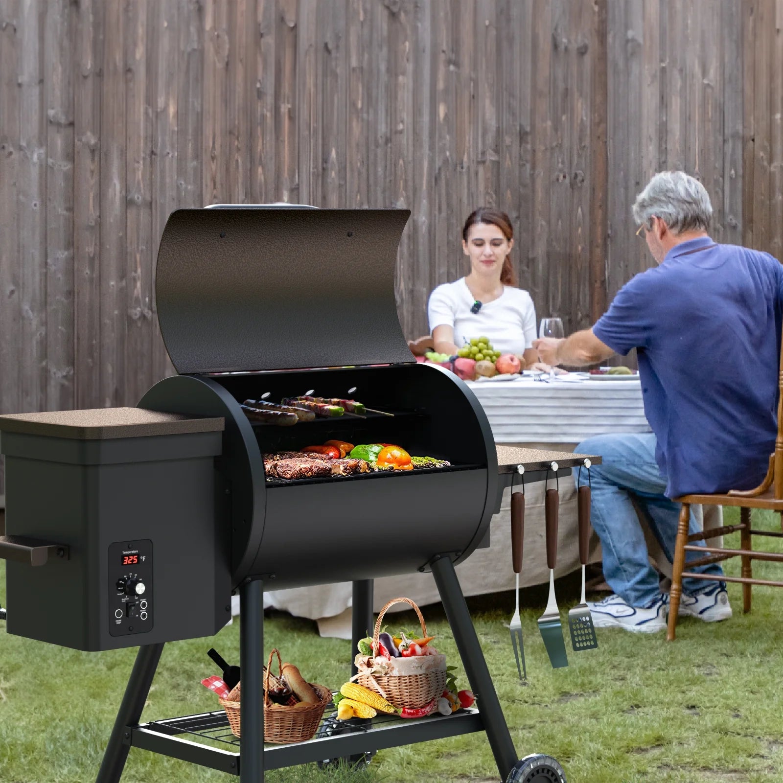 KingChii 456 SQ.IN Pellet Grill Smoker with Side Shelf, 8 IN 1 BBQ Grill with PID Temperature Control for Outdoor Cooking, BBQ Camping and Patio, Brown