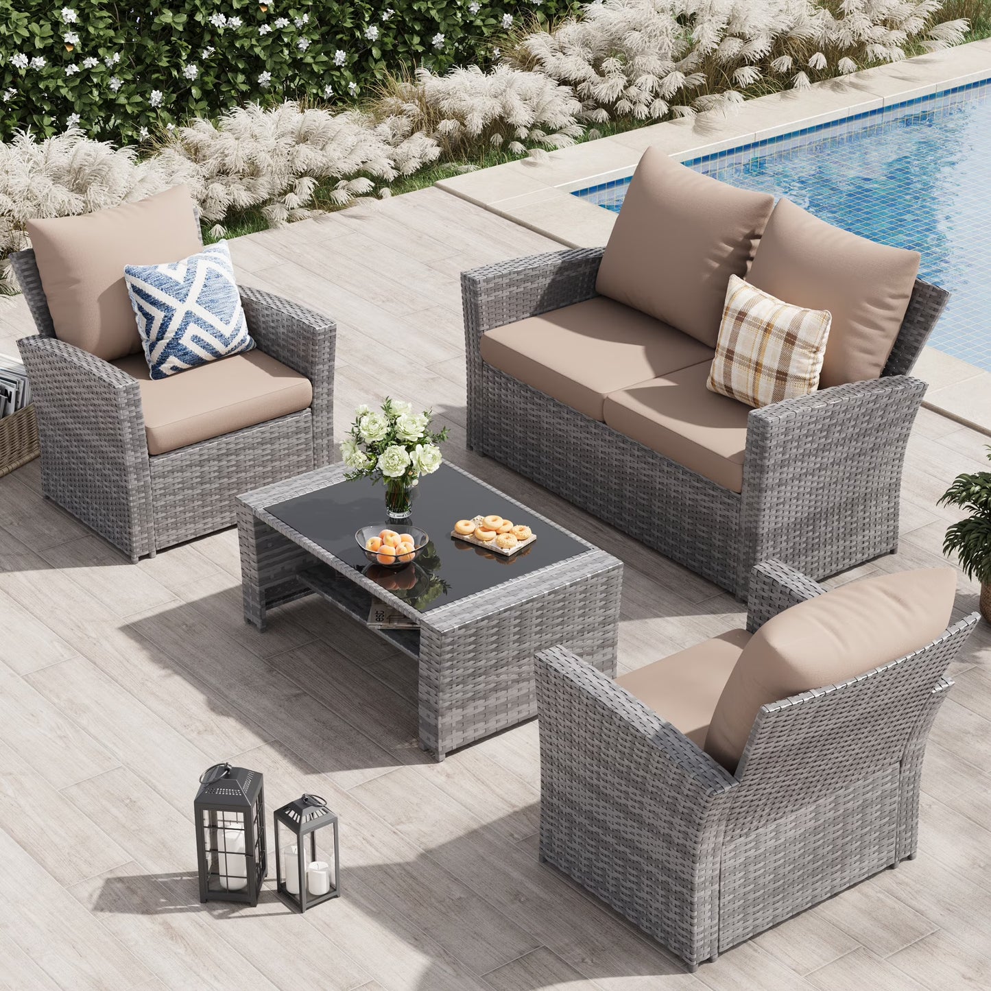 UDPATIO Wicker Patio Furniture Set, 4 Piece Outdoor Sectional Conversation Sets, Gray PE Rattan Patio Sofa Set for Balcony, Porch, Backyard, Grey
