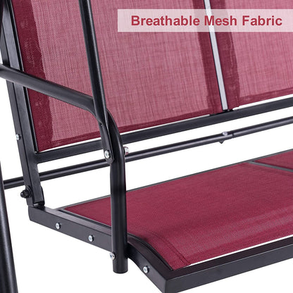 Mcombo Outdoor 3 Person Patio Canopy Swing Chair, Porch Swing, Burgundy