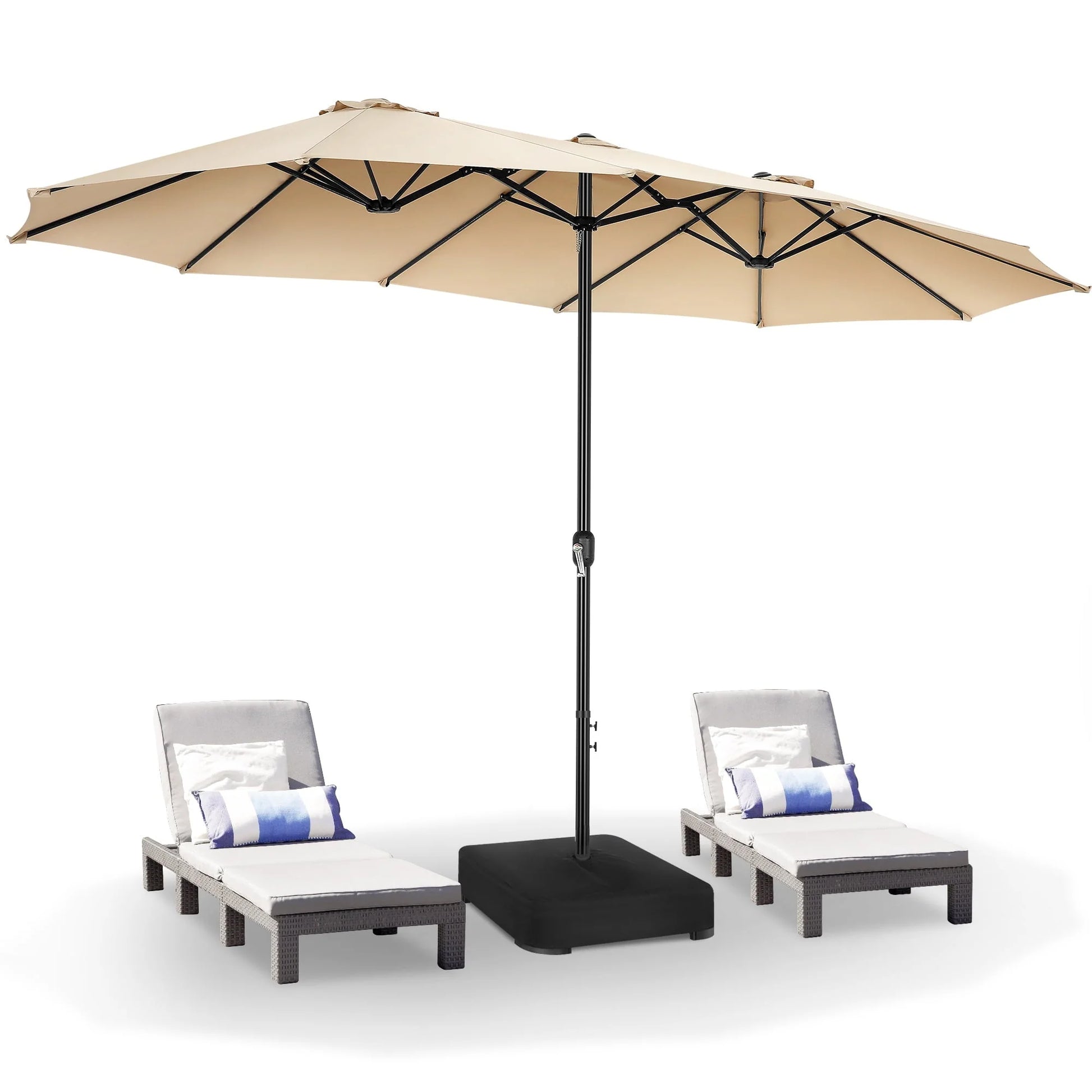 VIBESPARK 15ft Large Outdoor Umbrella Double-Sided Patio Umbrella with Base, Crank Handle, 12 Ribs Rectangular Umbrella for Patio Graden Poolside (Beige)
