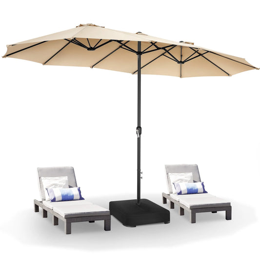 VIBESPARK 15ft Large Outdoor Umbrella Double-Sided Patio Umbrella with Base, Crank Handle, 12 Ribs Rectangular Umbrella for Patio Graden Poolside (Beige)