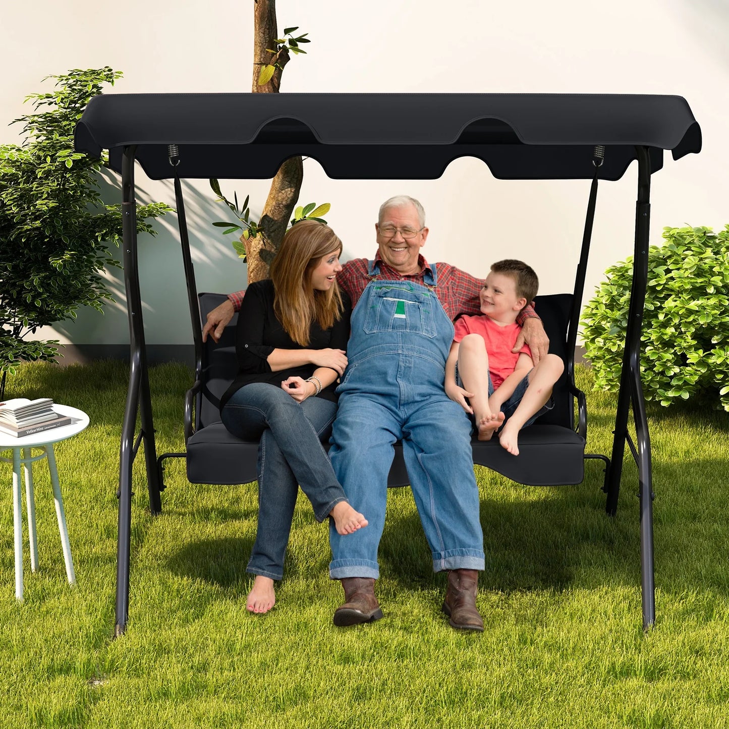 Costway Patio 3 Seats Canopy Porch Swing Glider Hammock Cushioned Steel Frame Outdoor Black