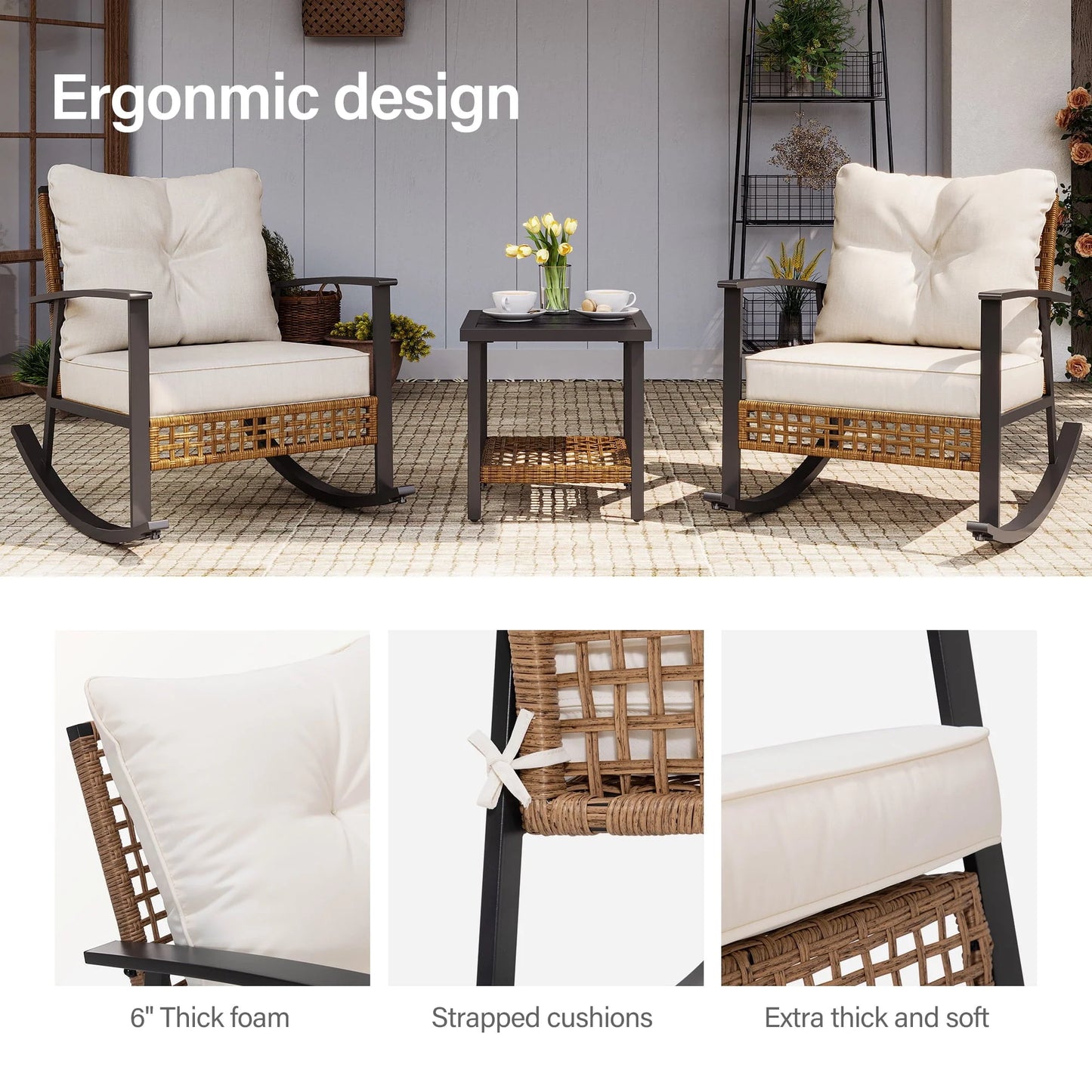 LAUSAINT HOME 3 Pieces Patio Outdoor Conversation Set with 2-Tier Coffee Table, PE Wicker and Galvanized Steel(Beige)