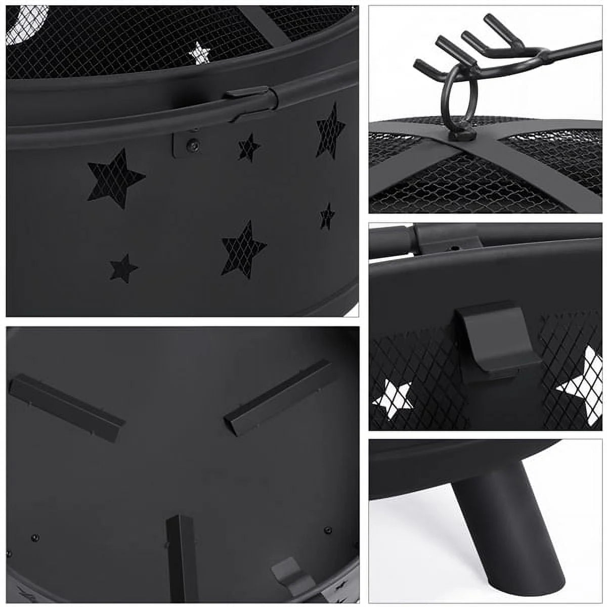 SMILE MART Iron Fire Pit Set Heating Equipment Camping Fire Bowl with Poker Mesh Cover for BBQ Backyard Patio Outdoor Fireplace Black