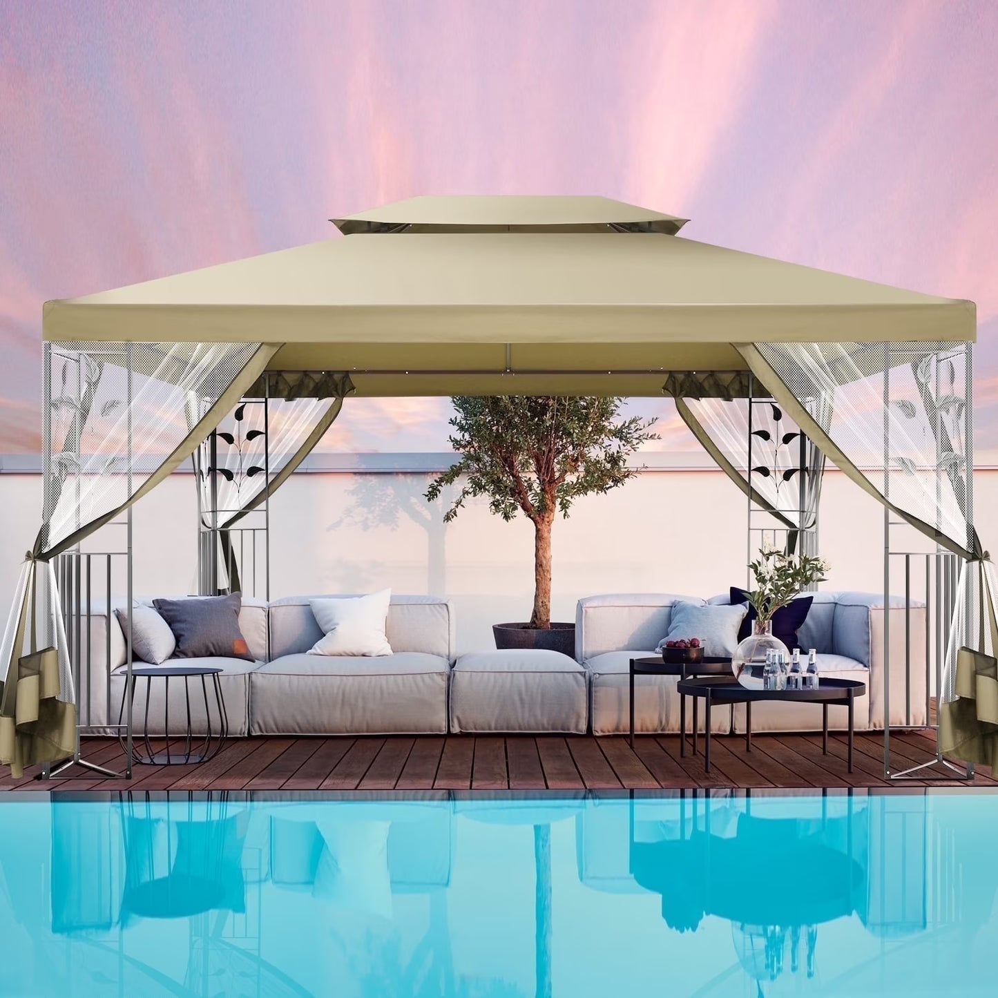 COBIZI 10' x 13' Pop Up Gazebo, Screened Patio Gazebo, Outdoor Steel Double Roof Canopy Tent, Metal Frame Canopy with Mosquito Netting, Sunshade for Garden, Lawns, Gray