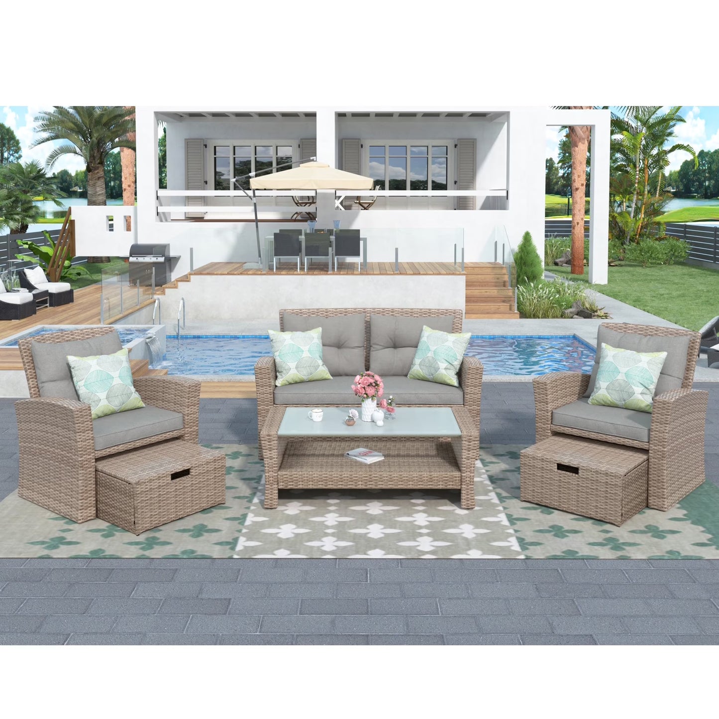 Harper & Bright Designs 4 Pieces Patio Wicker Chair with Ottoman and Coffee Table, Outdoor Rattan Loveseat Sectional Sofa Furniture Set for Garden, Beige Cushions