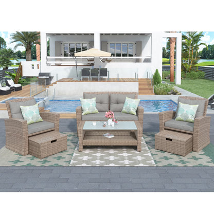 Harper & Bright Designs 4 Pieces Patio Wicker Chair with Ottoman and Coffee Table, Outdoor Rattan Loveseat Sectional Sofa Furniture Set for Garden, Beige Cushions