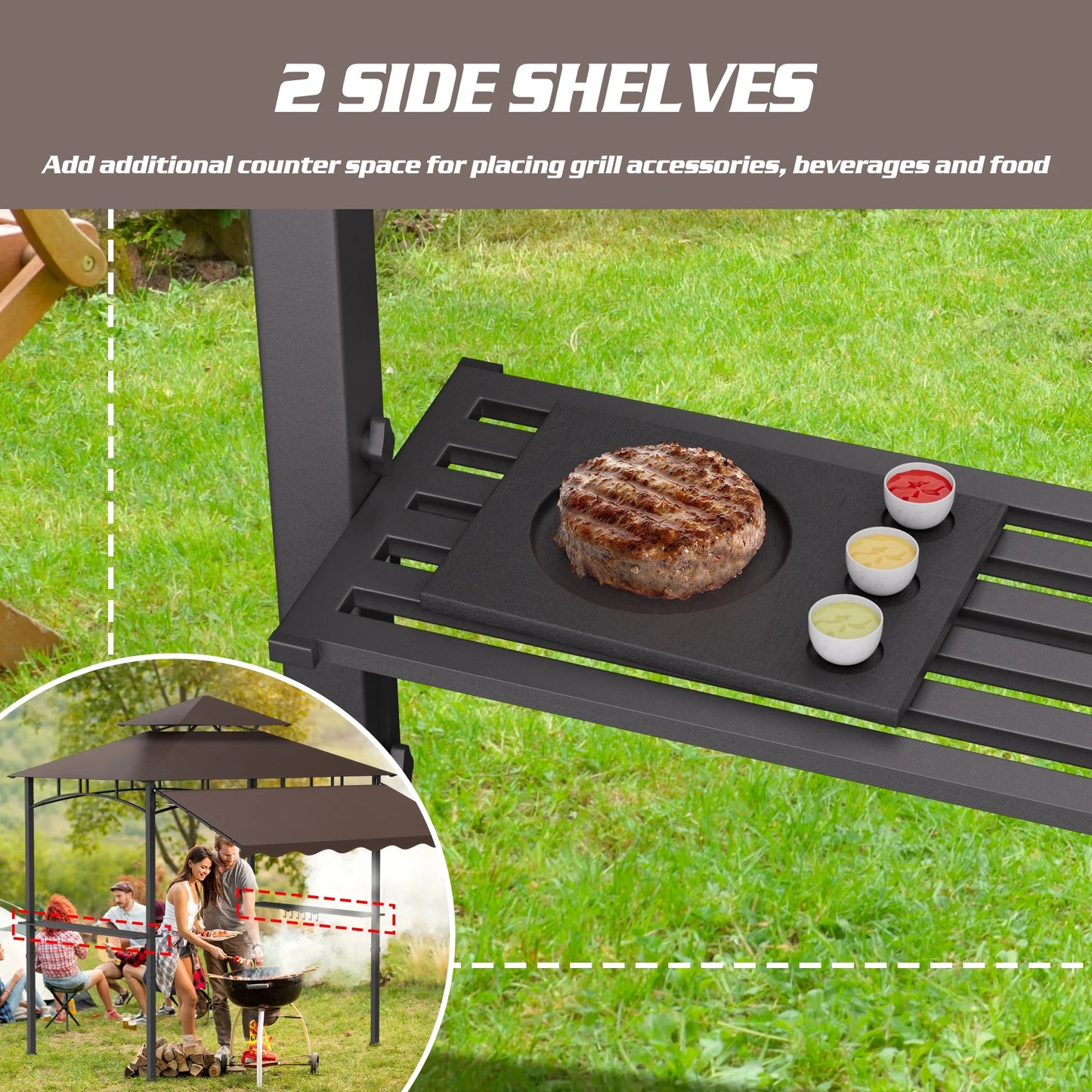 Magic Union 8'X8' Grill Gazebo Canopy - Heavy Duty Steel Frame, Double Tiered Grill Canopy for Outdoor Grill W/Shelves, Ceiling Hooks and Ground Stakes, Patio Canopy Tent BBQ Gazebo for Backyard