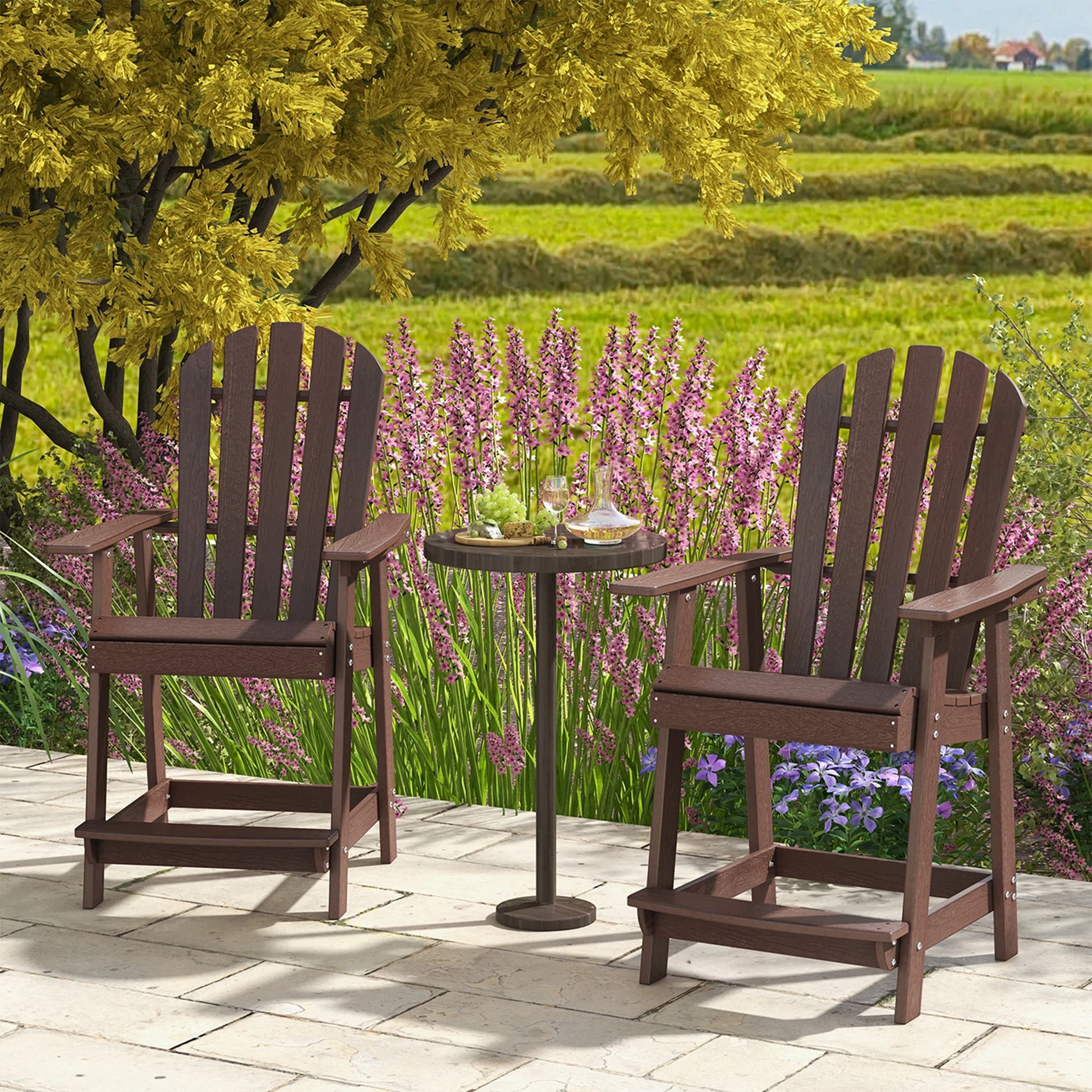 Costway 2 PCS Tall Bar Stool HDPE Patio Chair with Armrest Footrest Home Indoor Outdoor Brown