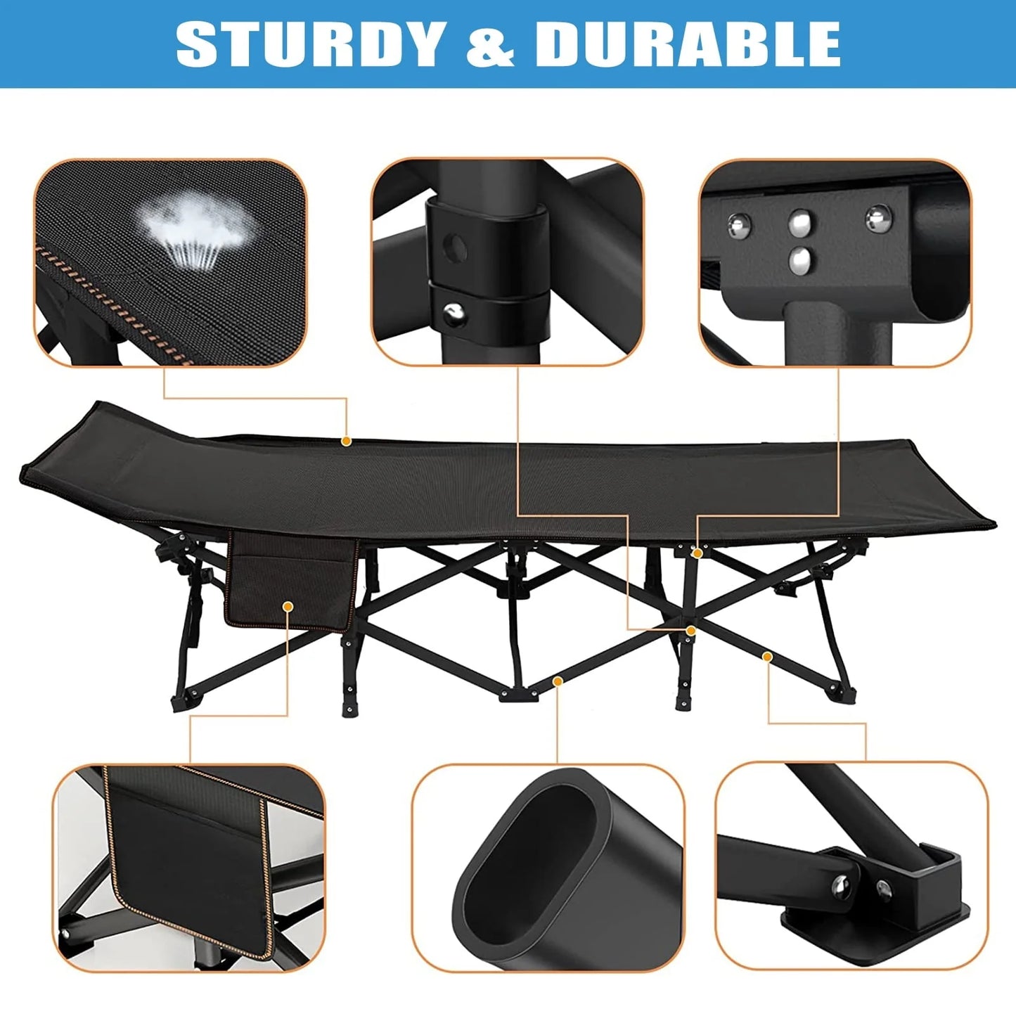 MOPHOTO 75" Adult Camping Cot Folding Cot, Portable Heavy Duty Sleeping Bed with Pad, Outdoor Patio Folding Lounge Chair