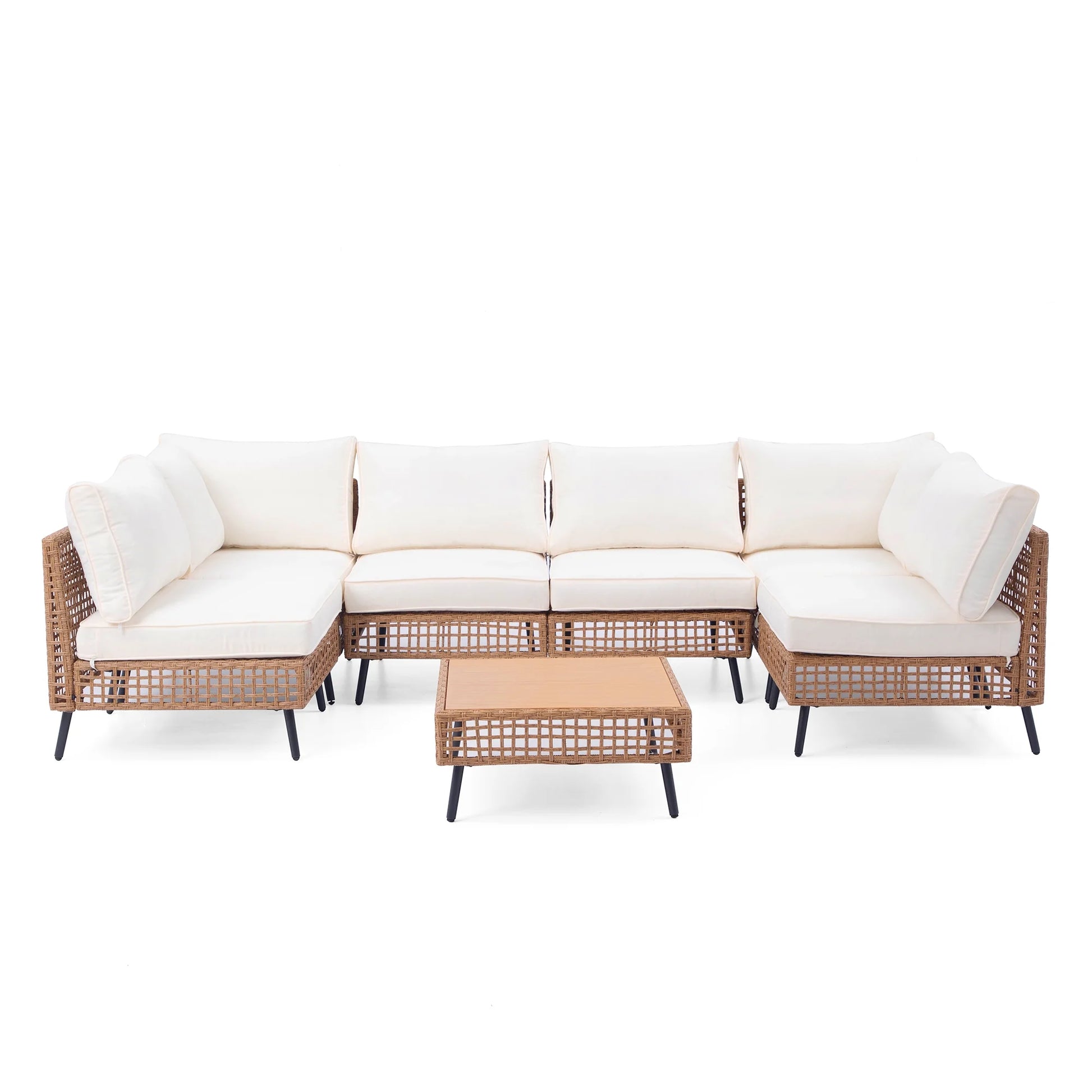 LAUSAINT HOME 7 Pieces Patio Furniture Set, Outdoor Wicker Conversation Sectional Set with Beige Cushions