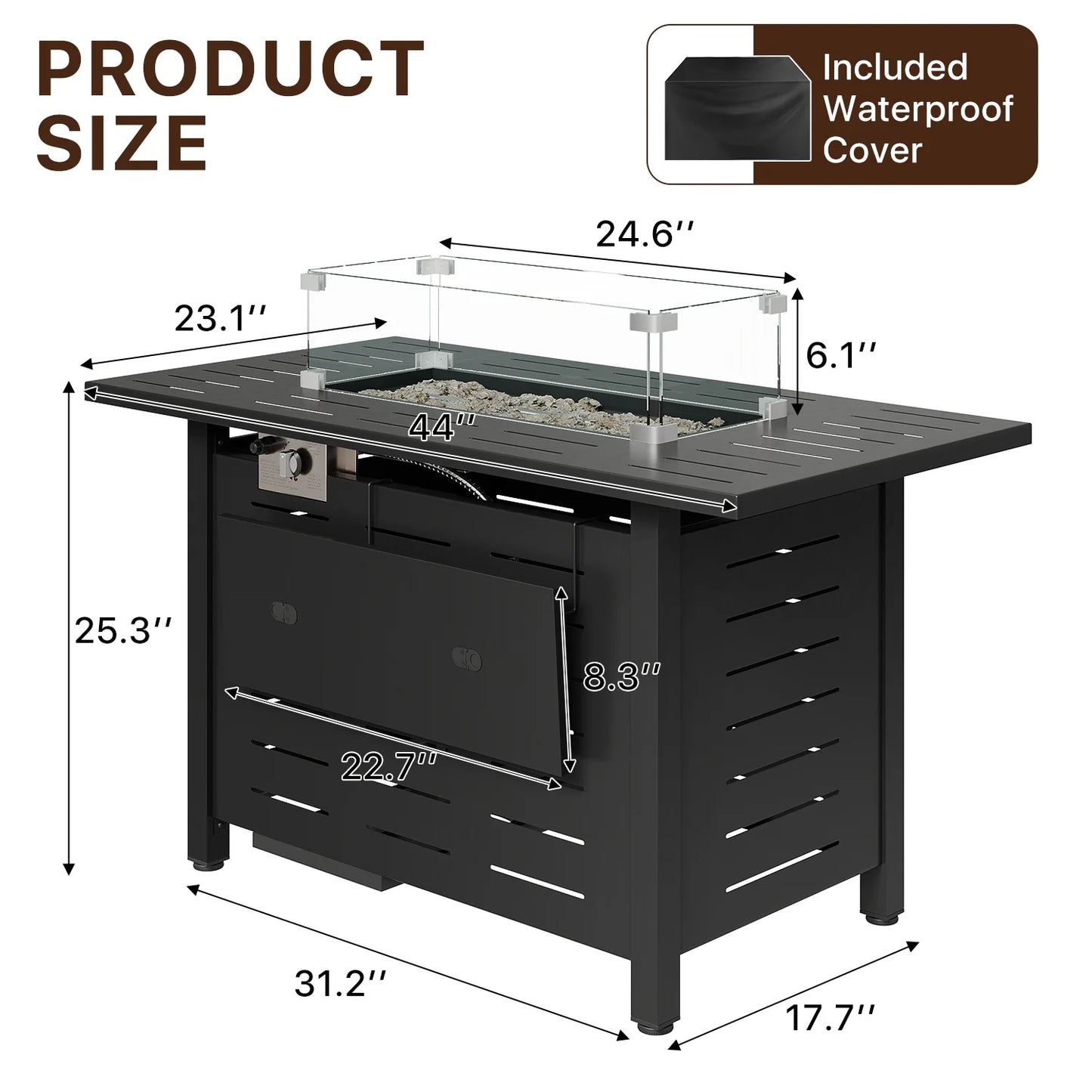 Sunmthink 44" Propane Fire Pit Table, 50,000 BTU Auto Ignition Steel Gas Fire Pit with Removable Lid & Waterproof Cover for Patio, Backyard, Black