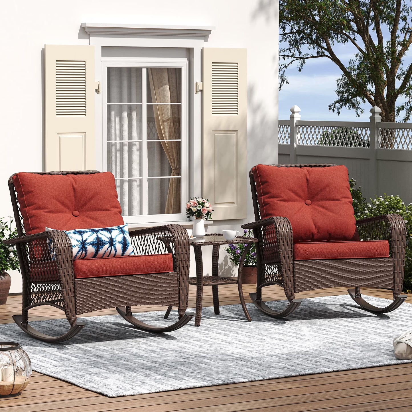 ELPOSUN 3-Piece Outdoor Rocking Chairs, Wicker Patio Furniture with Thickened Cushions and Table for Porch