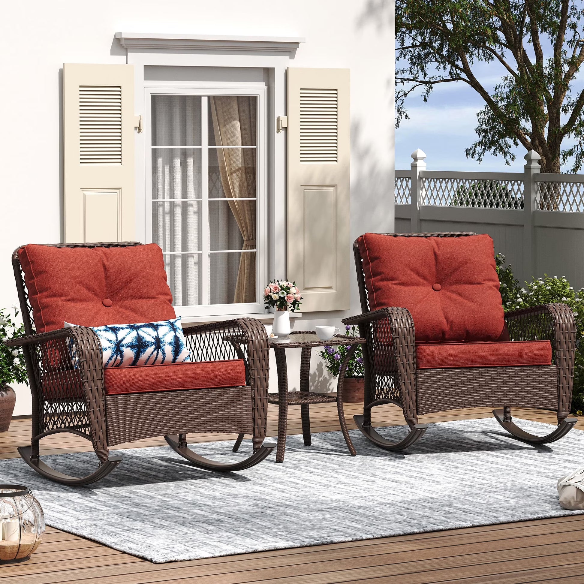 ELPOSUN 3-Piece Outdoor Rocking Chairs, Wicker Patio Furniture with Thickened Cushions and Table for Porch