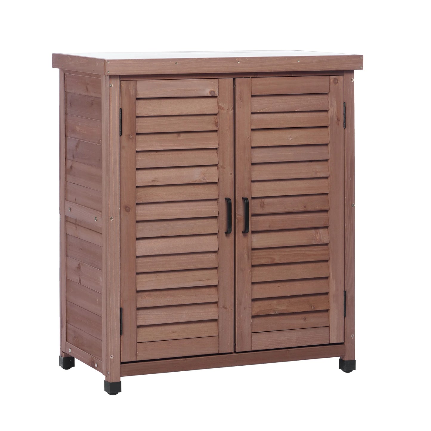 LDB_BUILDING 31.5in. W x 36in. H Outdoor Storage Cabinet & Potting Bench Table with Metal Top, Wooden Patio Furniture, Garden Workstation