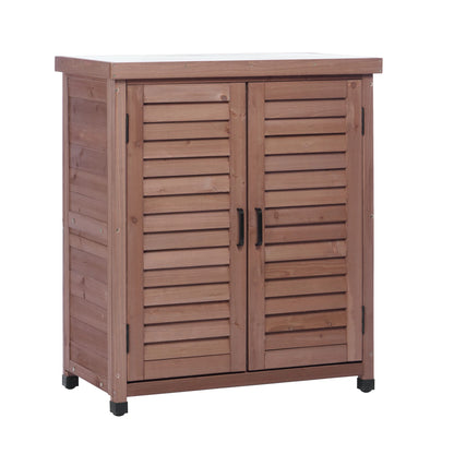 LDB_BUILDING 31.5in. W x 36in. H Outdoor Storage Cabinet & Potting Bench Table with Metal Top, Wooden Patio Furniture, Garden Workstation