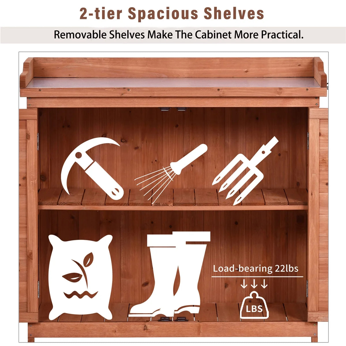 Potting Bench Table, Wooden Patio Workstation Storage Cabinet Garden Shed with 2-Tier Shelves & Side Hook, Outdoor Potting Bench Work Bench for Backyard Courtyards, 39''Lx19.1''Wx37.4''H, Orange