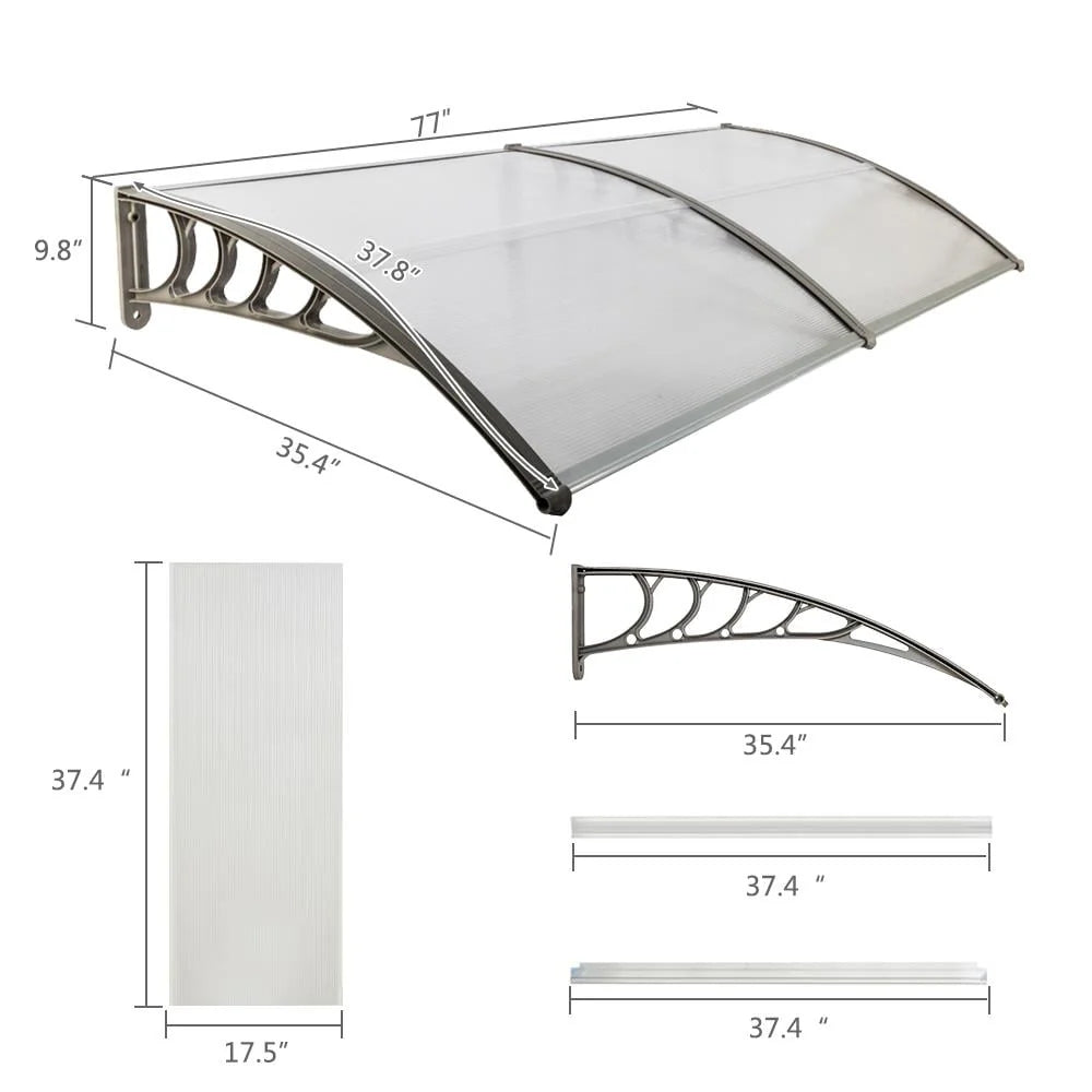 Ktaxon 35.4"X77" Door Awning Polycarbonate Patio Cover Silver & Gray Bracket