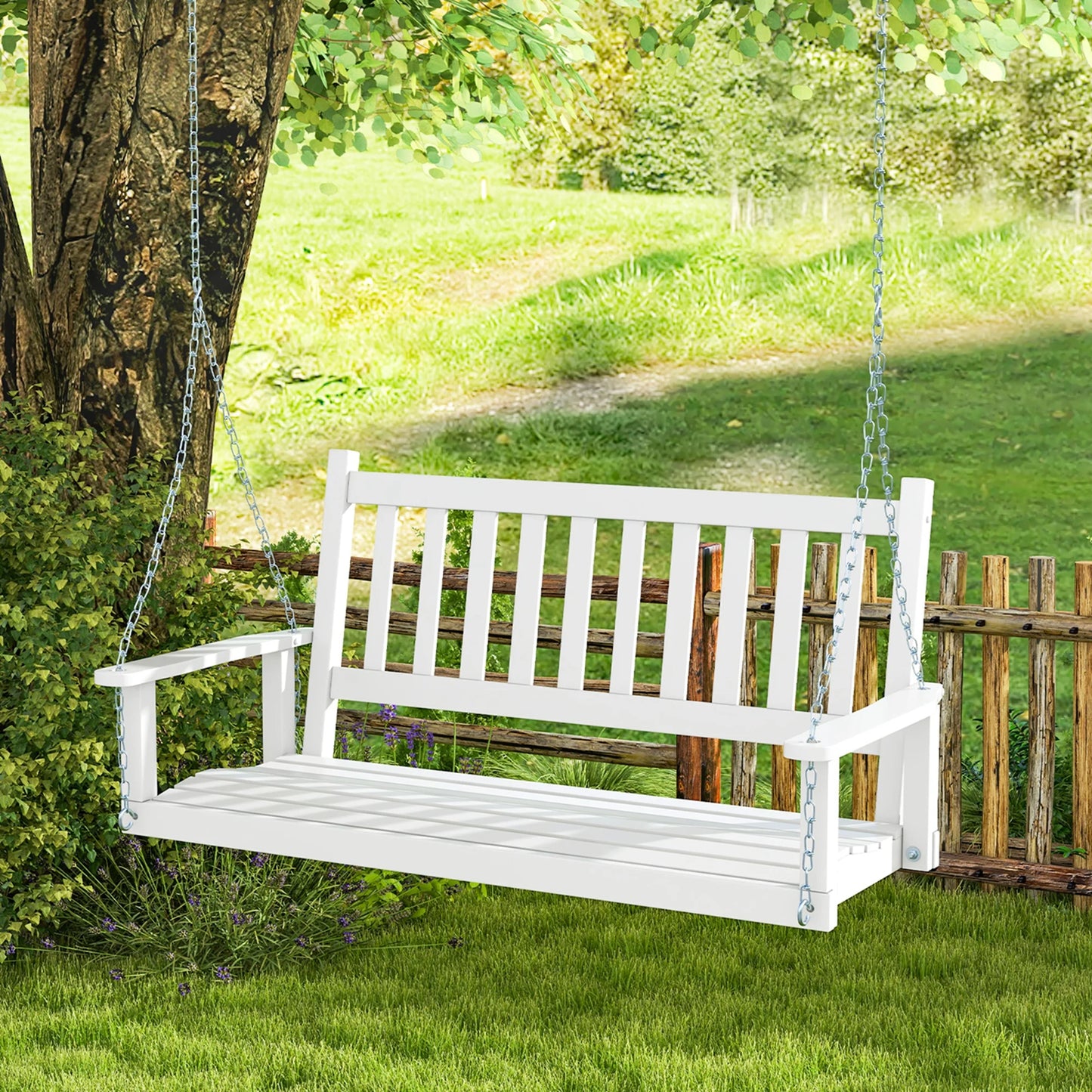 Costway 3-Person Wooden Outdoor Porch Swing Heavy Duty Patio Hanging Bench Chair White
