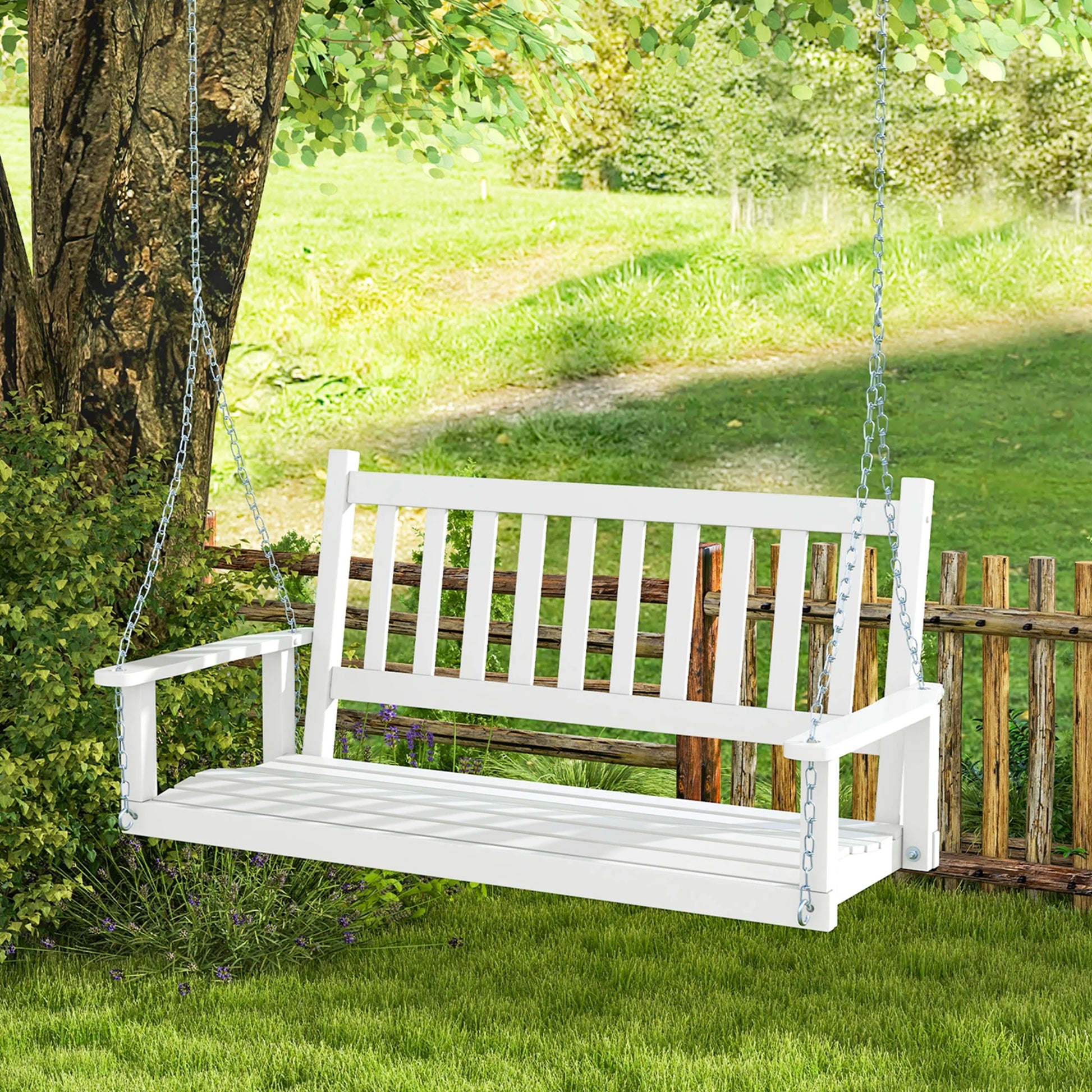 Costway 3-Person Wooden Outdoor Porch Swing Heavy Duty Patio Hanging Bench Chair White