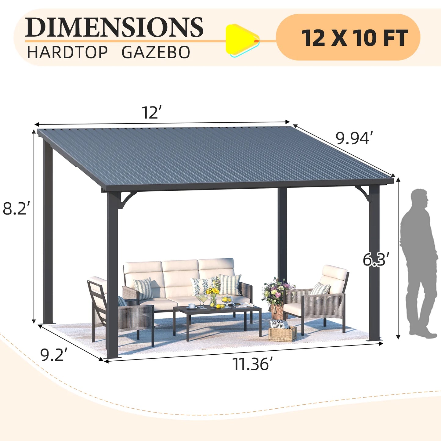 AECOJOY 10' x 12' Hardtop Gazebo, Heavy Duty Outdoor Gazebo with Galvanized Steel Sloping Roof, All Weatherproof Metal Gazebo Featuring Vertical Stripes for Patio, Backyard, and Lawns