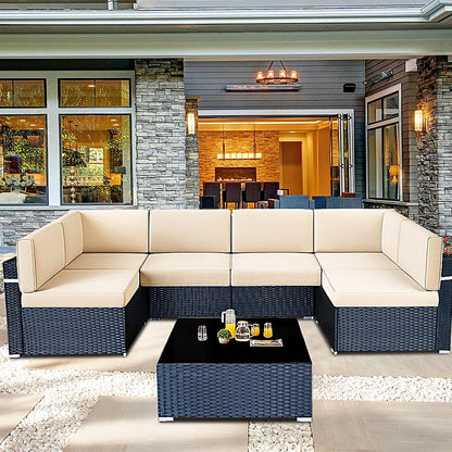 7 Piece Rattan Sectional Sofa Set, Outdoor Conversation Set, All-Weather Wicker Sectional Seating Group with Cushions & Coffee Table, Morden Furniture Couch Set for Patio Deck Garden Pool, K2774