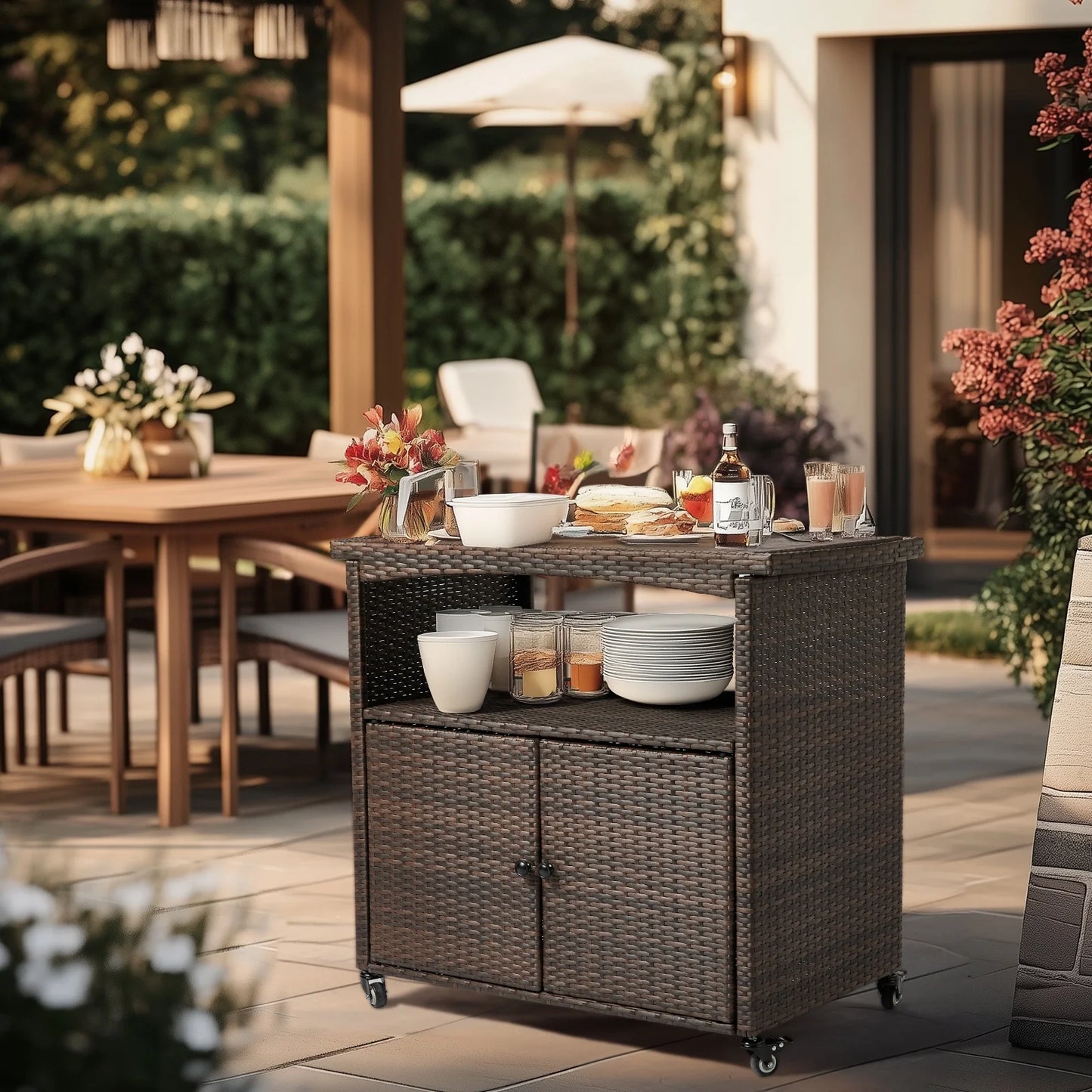 Zimtown Outdoor Patio Ratten Bar Counter Table w/Handrai and 2 Doors, 4 Wheel Water-proof Wicker Bar Table, Storage Cabinet Cart, Brown